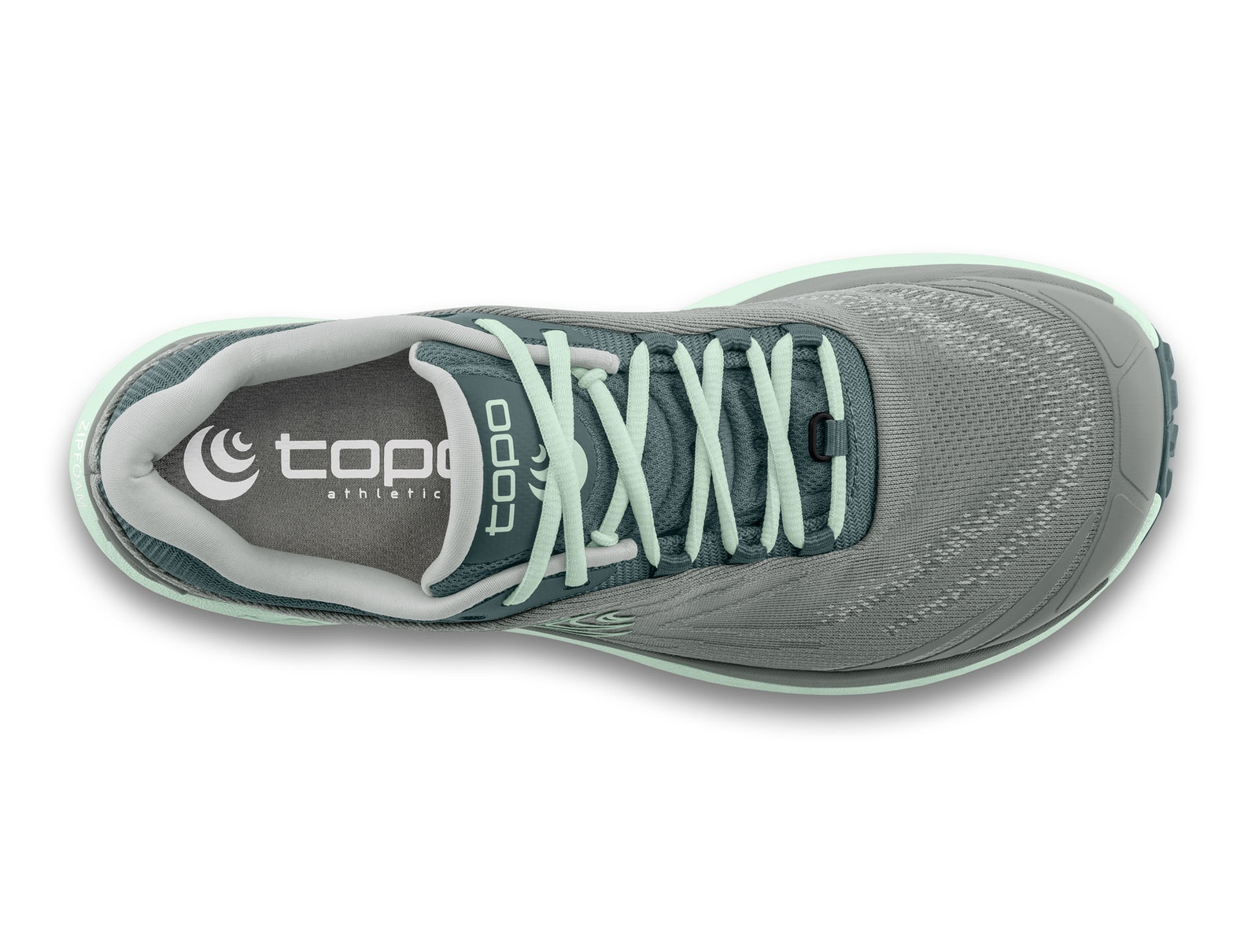 Top view of a Topo Athletic running shoe with a gray and mint green color scheme